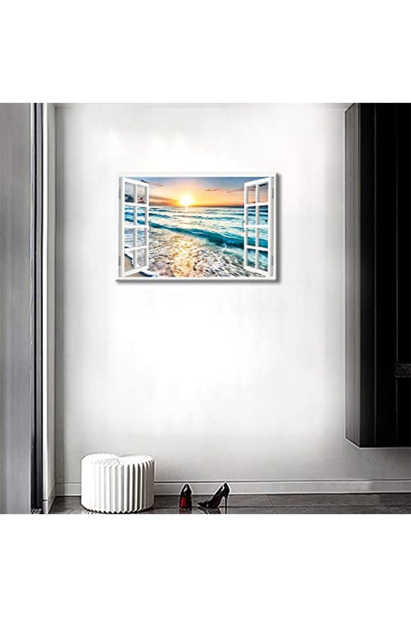 TISHIRON 3D Window View Canvas Wall Art Blue Ocean Wall Decor White Beach Modern Family Wall Decor Hang Pictures for Living Room Bedroom Office Posters Prints Framed Ready to Hang - 24" W x 16" H - Image 4