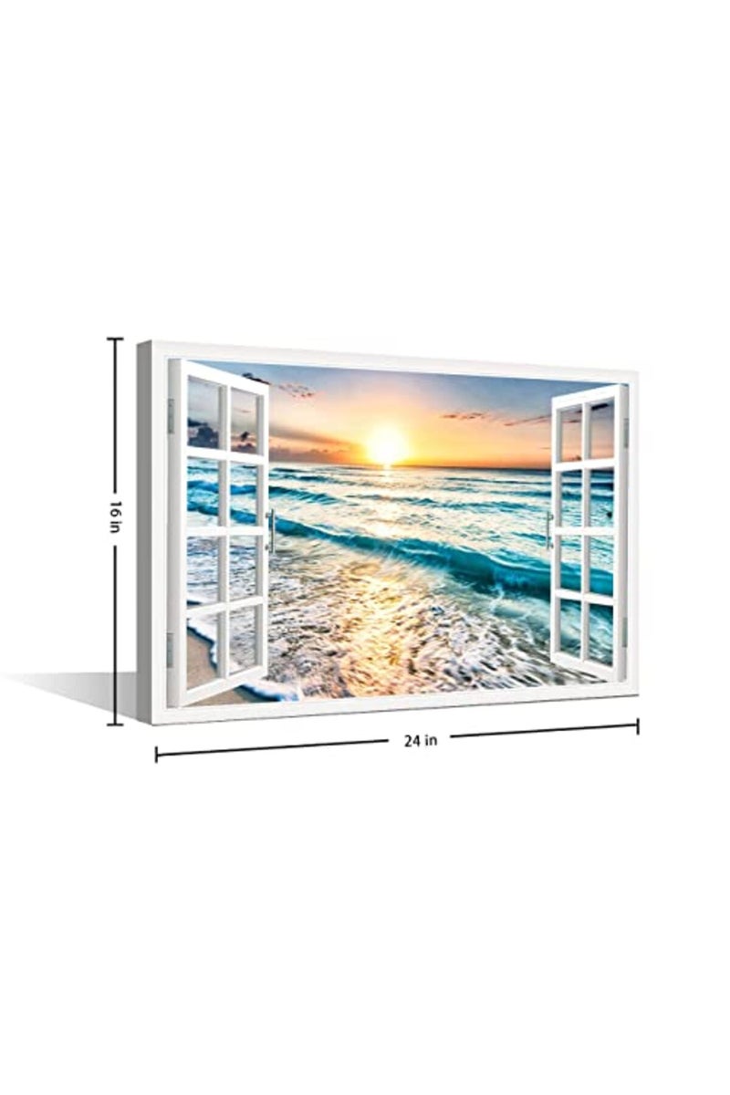 TISHIRON 3D Window View Canvas Wall Art Blue Ocean Wall Decor White Beach Modern Family Wall Decor Hang Pictures for Living Room Bedroom Office Posters Prints Framed Ready to Hang - 24" W x 16" H - Image 5