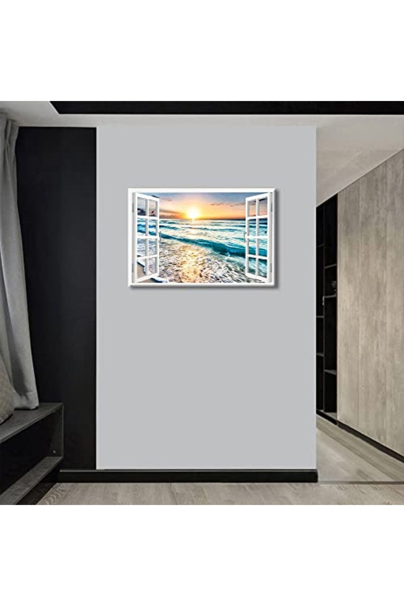 TISHIRON 3D Window View Canvas Wall Art Blue Ocean Wall Decor White Beach Modern Family Wall Decor Hang Pictures for Living Room Bedroom Office Posters Prints Framed Ready to Hang - 24" W x 16" H - Image 2