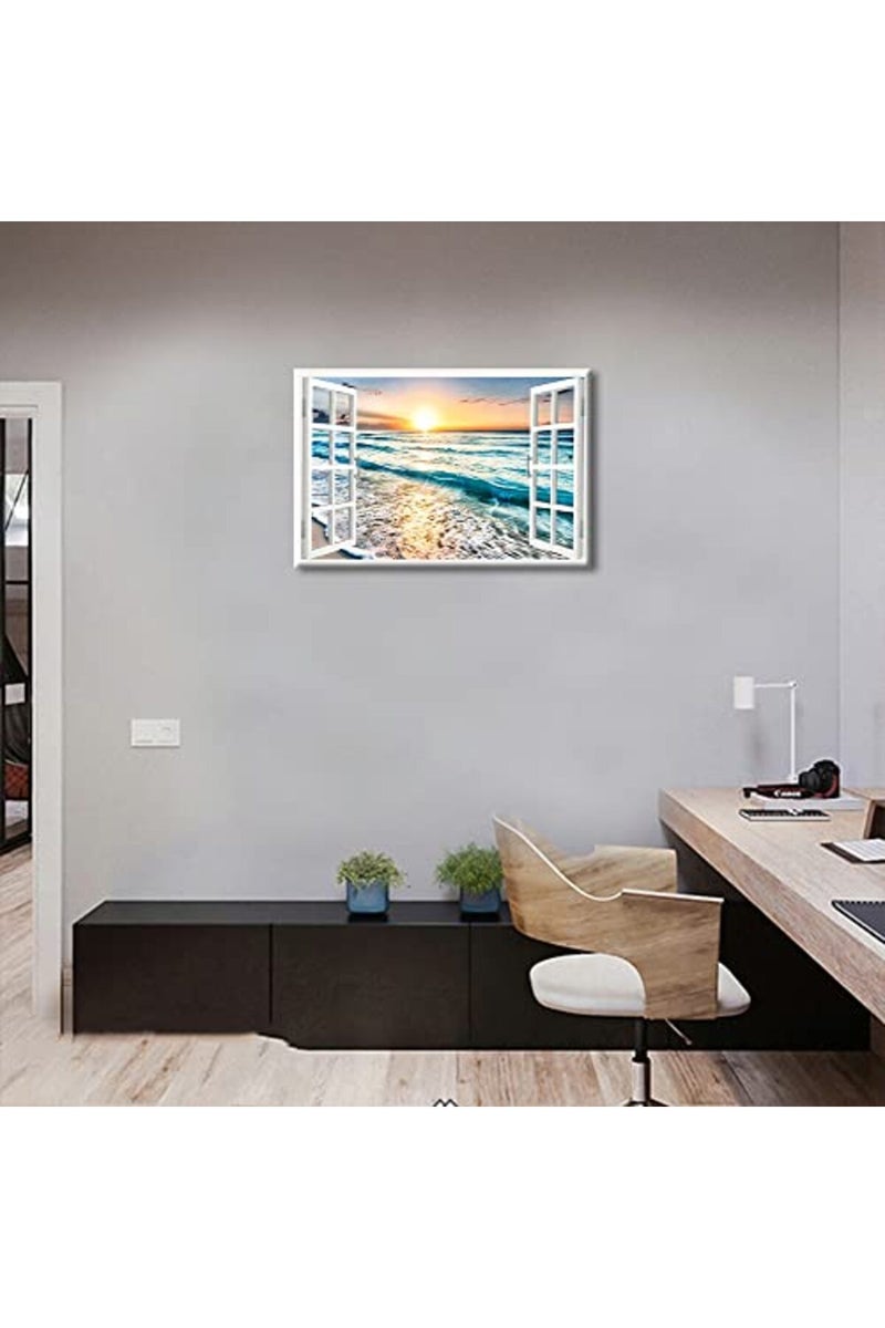 TISHIRON 3D Window View Canvas Wall Art Blue Ocean Wall Decor White Beach Modern Family Wall Decor Hang Pictures for Living Room Bedroom Office Posters Prints Framed Ready to Hang - 24" W x 16" H - Image 3