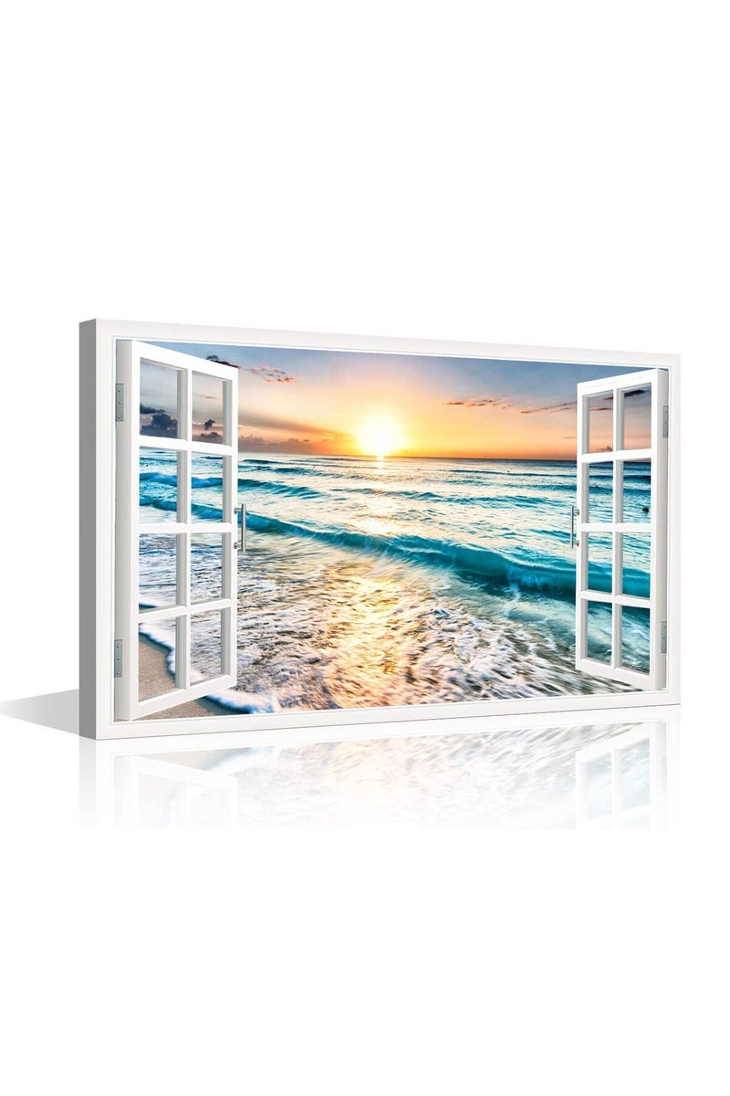 TISHIRON 3D Window View Canvas Wall Art Blue Ocean Wall Decor White Beach Modern Family Wall Decor Hang Pictures for Living Room Bedroom Office Posters Prints Framed Ready to Hang - 24" W x 16" H - Image 1