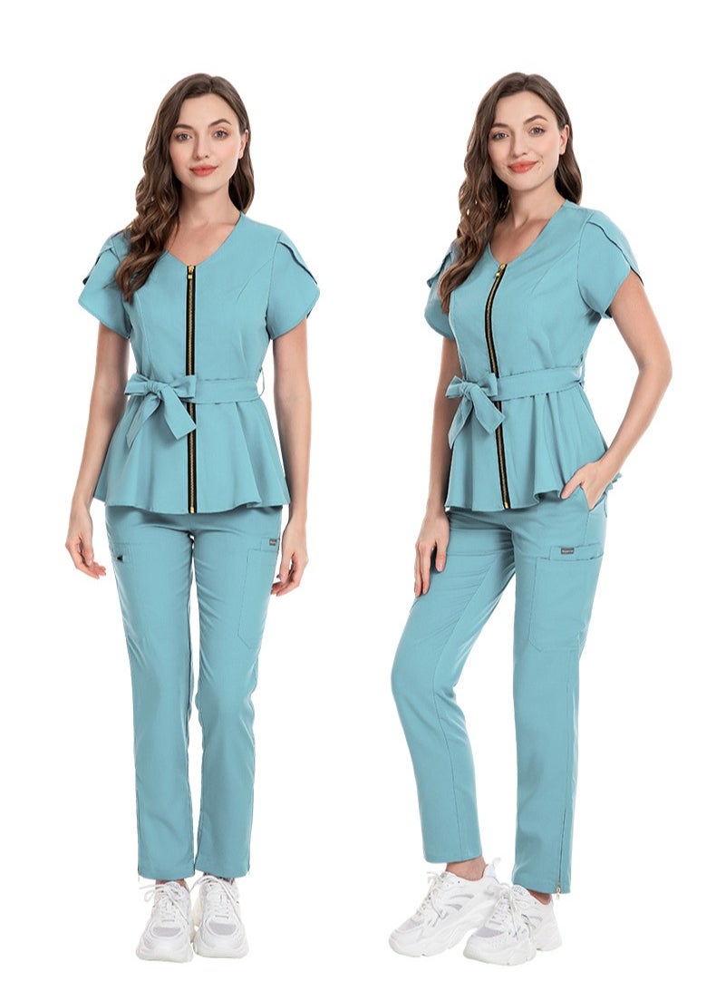 Loquat Womens Medical Uniform Scrubs 2 Piece Set Strap Up Waist Zipper Top and Elastic Waist Straight Pants Suit Light Blue  - Image 2