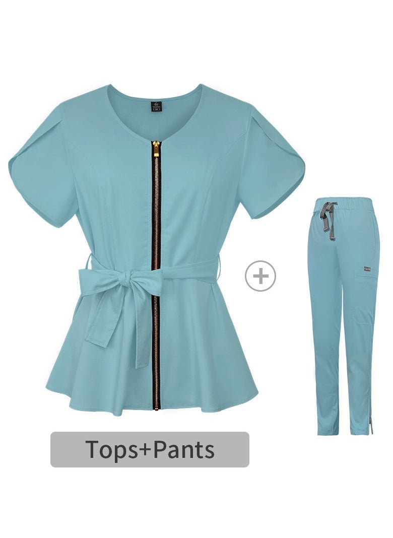 Loquat Womens Medical Uniform Scrubs 2 Piece Set Strap Up Waist Zipper Top and Elastic Waist Straight Pants Suit Light Blue  - Image 3