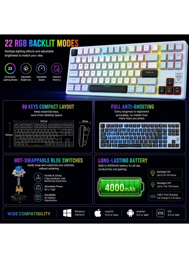 JeDEL WKL102 3-Mode Wireless, Bluetooth & Wired Gaming Mechanical Keyboard - Hotswapple DRINKERY Blue Switches - Rainbow LED Lighting - Full Keys Anti Ghosting - Image 5