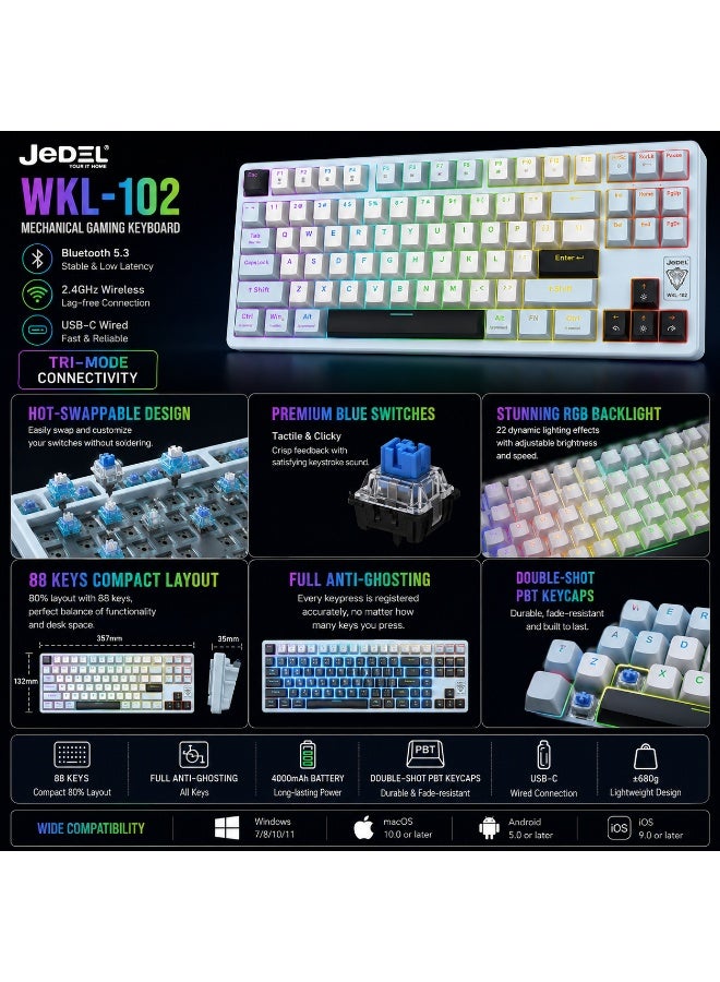 JeDEL WKL102 3-Mode Wireless, Bluetooth & Wired Gaming Mechanical Keyboard - Hotswapple DRINKERY Blue Switches - Rainbow LED Lighting - Full Keys Anti Ghosting - Image 2