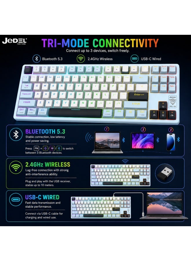 JeDEL WKL102 3-Mode Wireless, Bluetooth & Wired Gaming Mechanical Keyboard - Hotswapple DRINKERY Blue Switches - Rainbow LED Lighting - Full Keys Anti Ghosting - Image 4