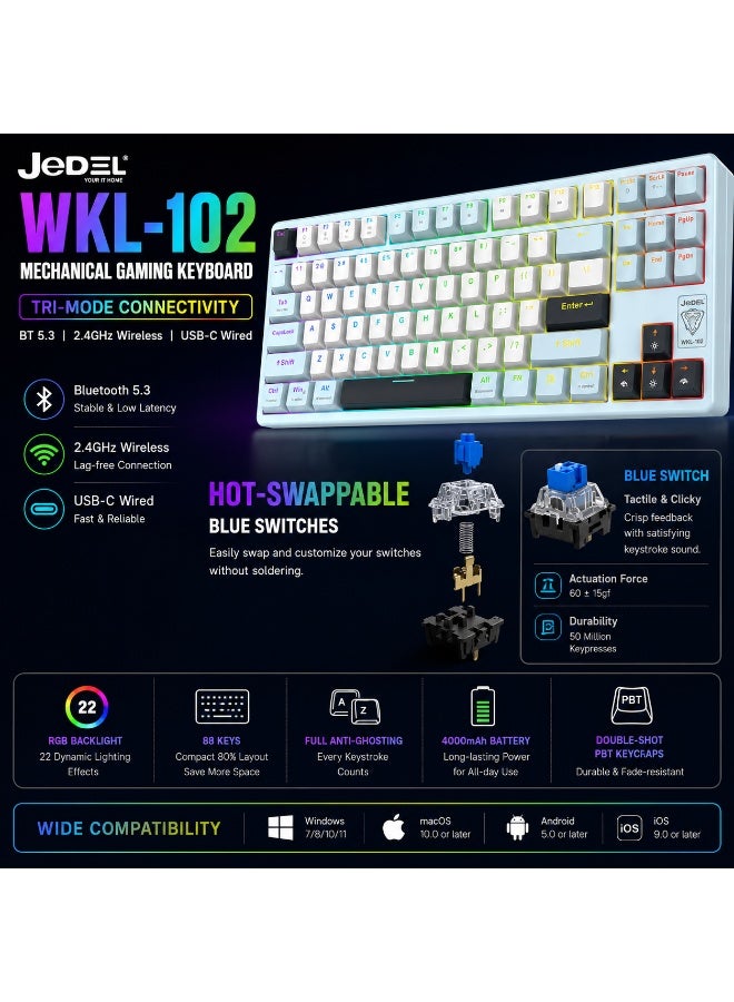 JeDEL WKL102 3-Mode Wireless, Bluetooth & Wired Gaming Mechanical Keyboard - Hotswapple DRINKERY Blue Switches - Rainbow LED Lighting - Full Keys Anti Ghosting - Image 3