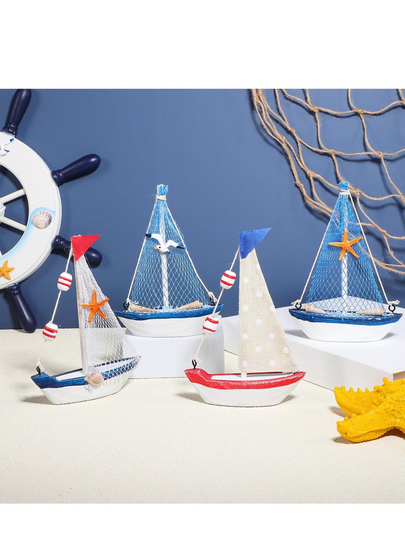 SYOSI 4Pcs Mini Sailboat Decorations Nautical Handpainted Vintage Wooden Sailing Boat Model for Beach Home Tabletop Decor Art Ornament Kitchen Bathroom Office Party Centrepiece Decoration 5.9In - Image 3