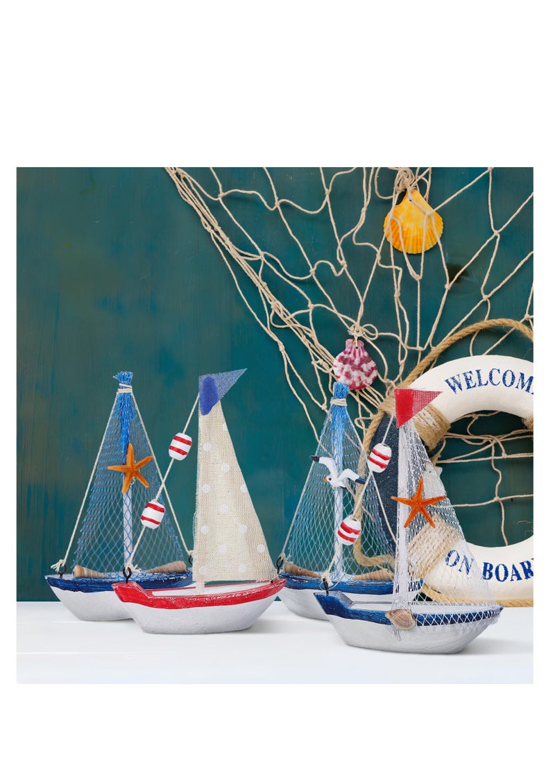 SYOSI 4Pcs Mini Sailboat Decorations Nautical Handpainted Vintage Wooden Sailing Boat Model for Beach Home Tabletop Decor Art Ornament Kitchen Bathroom Office Party Centrepiece Decoration 5.9In - Image 5