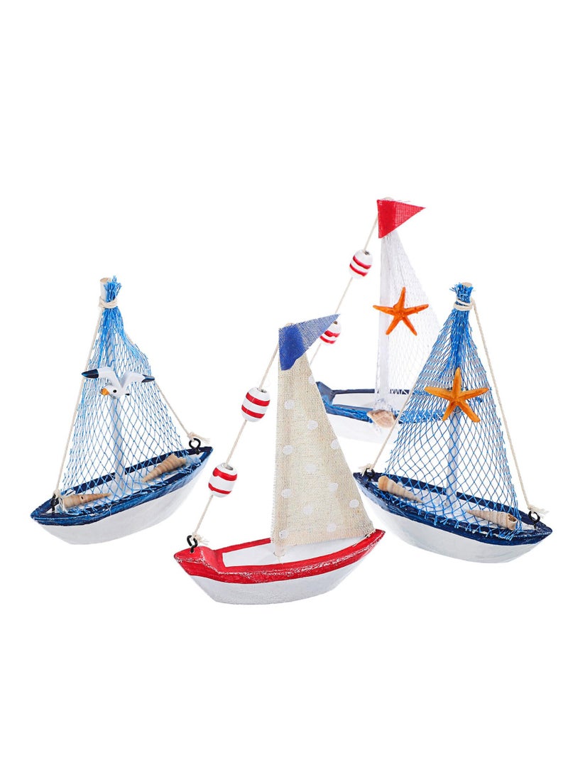 SYOSI 4Pcs Mini Sailboat Decorations Nautical Handpainted Vintage Wooden Sailing Boat Model for Beach Home Tabletop Decor Art Ornament Kitchen Bathroom Office Party Centrepiece Decoration 5.9In - Image 1