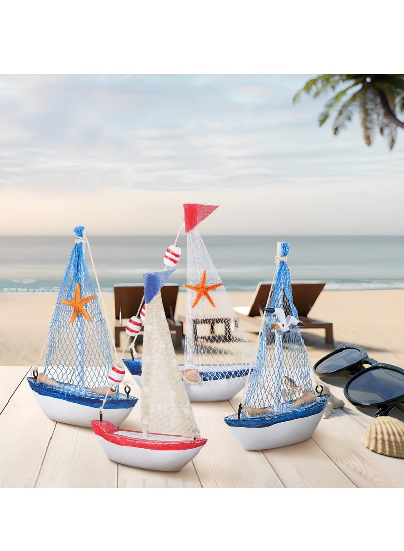 SYOSI 4Pcs Mini Sailboat Decorations Nautical Handpainted Vintage Wooden Sailing Boat Model for Beach Home Tabletop Decor Art Ornament Kitchen Bathroom Office Party Centrepiece Decoration 5.9In - Image 4
