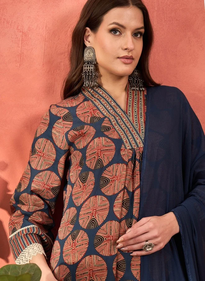 SASSAFRAS Geometric Printed Cotton Kurta Trousers & Dupatta for Women