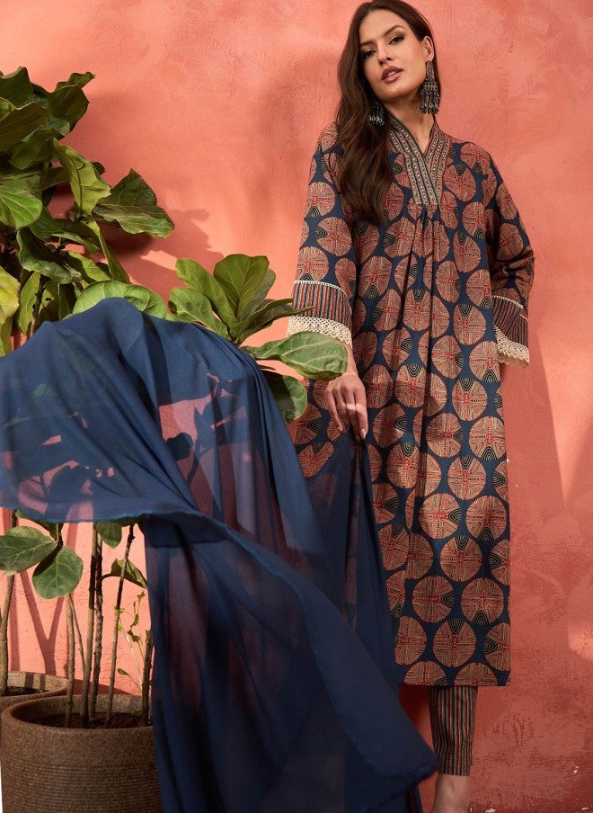 SASSAFRAS Geometric Printed Cotton Kurta Trousers & Dupatta for Women - Image 5