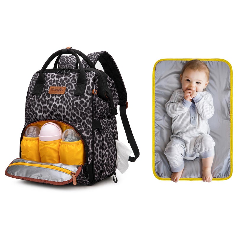Wrangler Leopard Print Backpack Multifunction Baby Travel Bag with Changing Pad, Stroller Straps and Pacifier Case WG2204-91103LP-BK - Image 3
