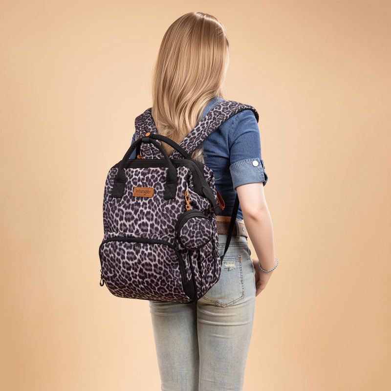 Wrangler Leopard Print Backpack Multifunction Baby Travel Bag with Changing Pad, Stroller Straps and Pacifier Case WG2204-91103LP-BK - Image 2
