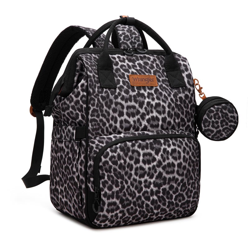 Wrangler Leopard Print Backpack Multifunction Baby Travel Bag with Changing Pad, Stroller Straps and Pacifier Case WG2204-91103LP-BK - Image 1
