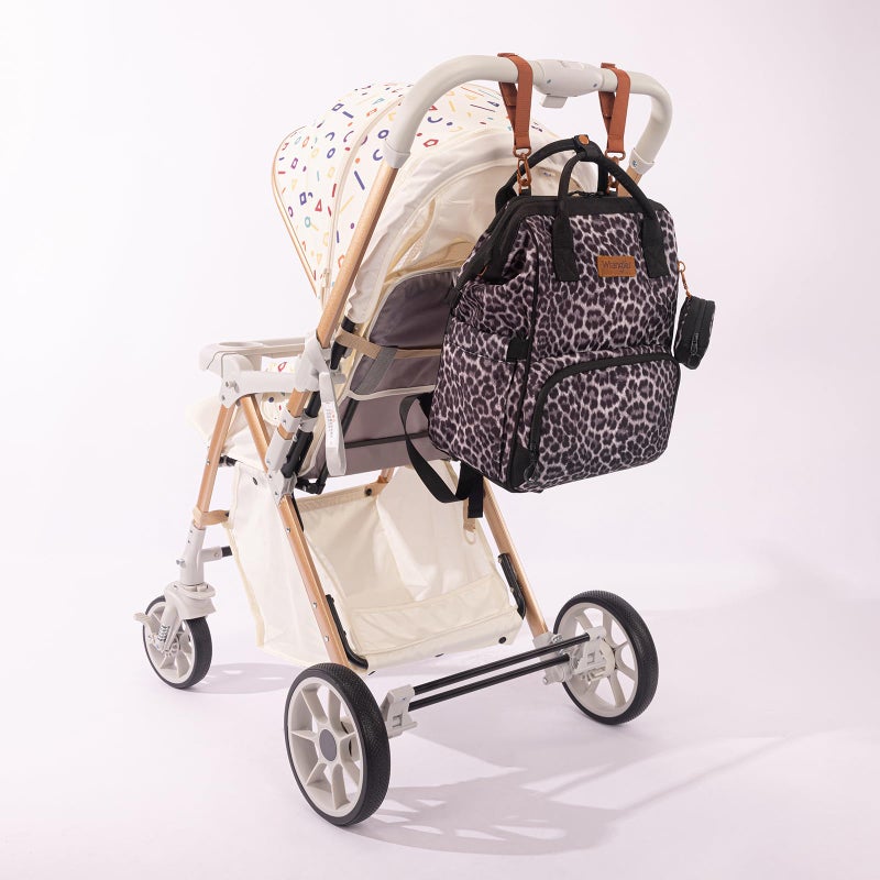 Wrangler Leopard Print Backpack Multifunction Baby Travel Bag with Changing Pad, Stroller Straps and Pacifier Case WG2204-91103LP-BK - Image 5