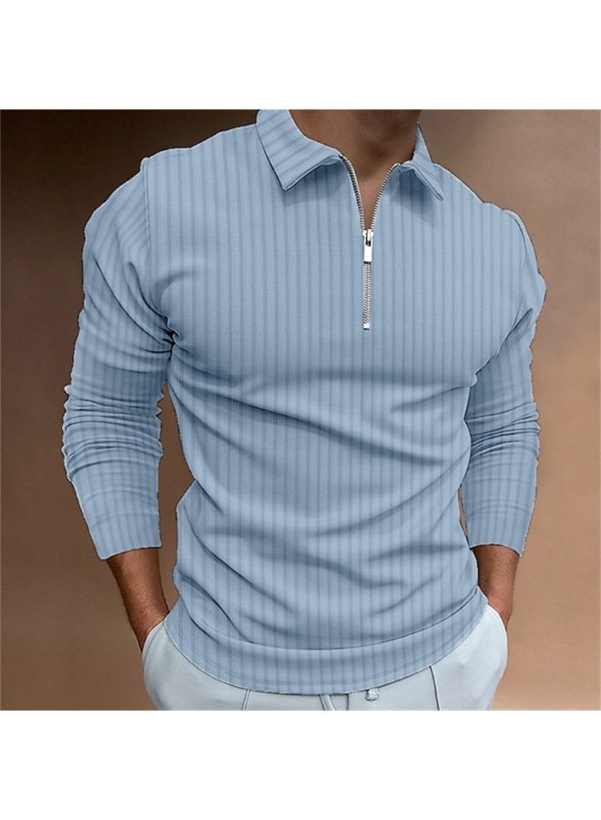 Men's Long Sleeve Zipper Polo Shirt Striped Pattern Spring Autumn Fashionable Casual Top Quality Line - Image 1