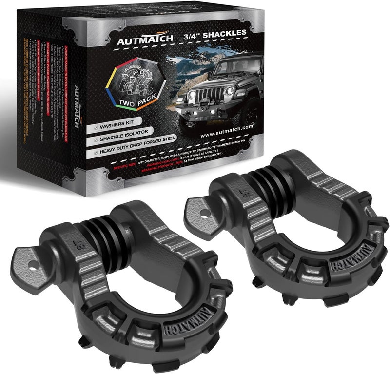 AUTMATCH D Ring Shackles 3/4" Mega Shackle (2 Pack) 68,000Ibs Break Strength - Heavy Duty Clevis Shackles 7/8" Screw Pin & Isolator Washer for Tow Strap Winch Off Road Vehicle Recovery, Gunmetal Gray - Image 1