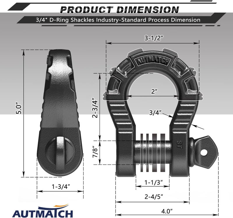 AUTMATCH D Ring Shackles 3/4" Mega Shackle (2 Pack) 68,000Ibs Break Strength - Heavy Duty Clevis Shackles 7/8" Screw Pin & Isolator Washer for Tow Strap Winch Off Road Vehicle Recovery, Gunmetal Gray - Image 3