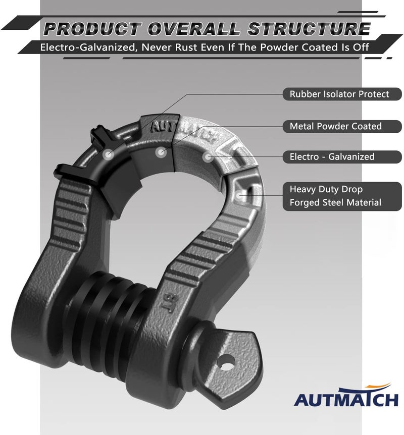 AUTMATCH D Ring Shackles 3/4" Mega Shackle (2 Pack) 68,000Ibs Break Strength - Heavy Duty Clevis Shackles 7/8" Screw Pin & Isolator Washer for Tow Strap Winch Off Road Vehicle Recovery, Gunmetal Gray - Image 4