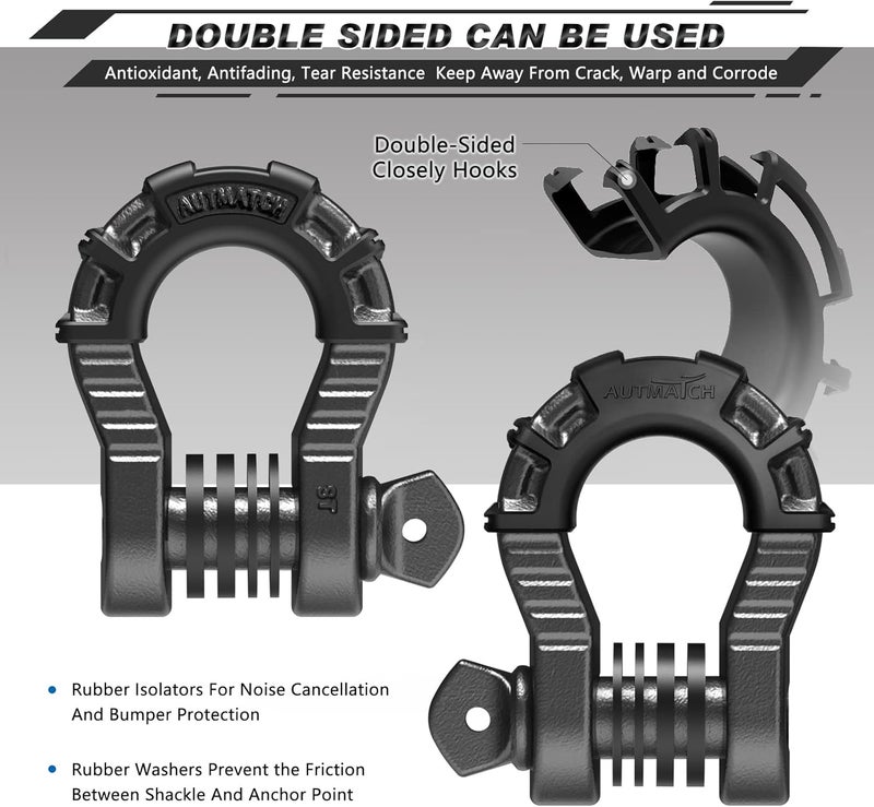 AUTMATCH D Ring Shackles 3/4" Mega Shackle (2 Pack) 68,000Ibs Break Strength - Heavy Duty Clevis Shackles 7/8" Screw Pin & Isolator Washer for Tow Strap Winch Off Road Vehicle Recovery, Gunmetal Gray - Image 2