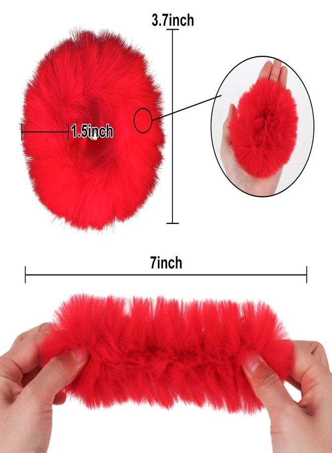 Semato 2Pcs Red Fuzzy Hair Ties Fluffy Scrunchies Pink Pom Pom Hair Ties With Faux Rabbit Fur Fluffy Elastic Ponytail Holders Pink Party Favors Hair Accessories for Women and Girls - Image 2