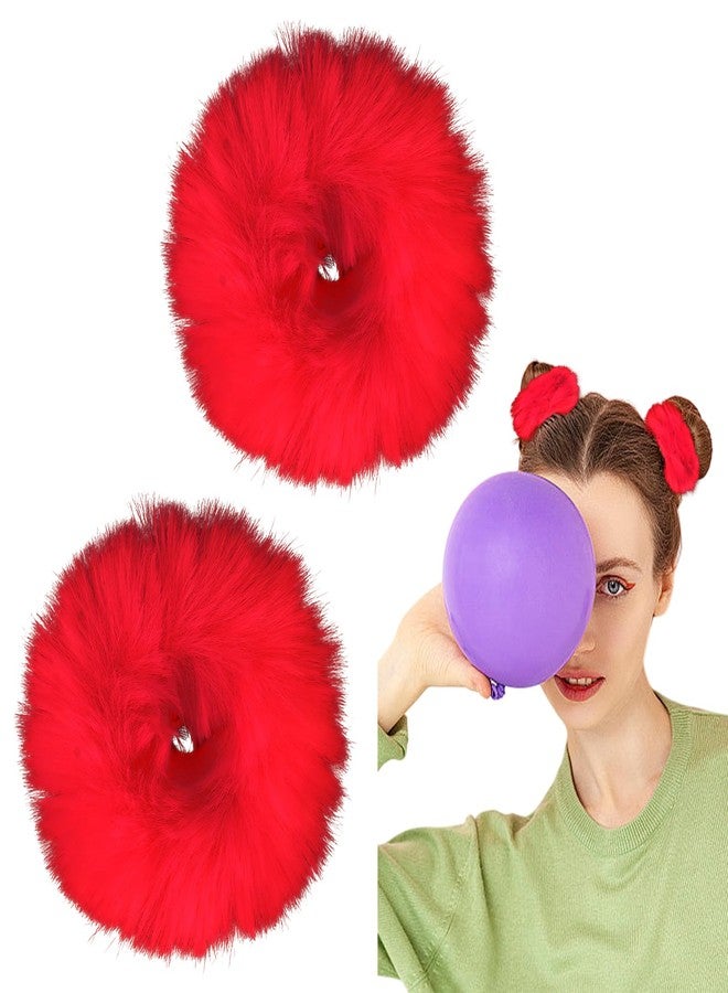 Semato 2Pcs Red Fuzzy Hair Ties Fluffy Scrunchies Pink Pom Pom Hair Ties With Faux Rabbit Fur Fluffy Elastic Ponytail Holders Pink Party Favors Hair Accessories for Women and Girls - Image 1