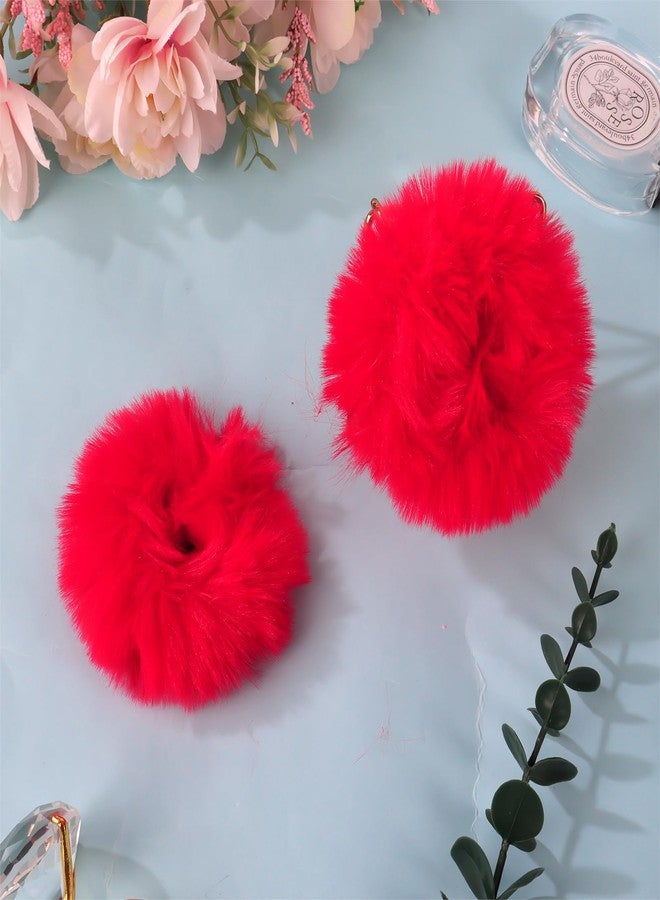 Semato 2Pcs Red Fuzzy Hair Ties Fluffy Scrunchies Pink Pom Pom Hair Ties With Faux Rabbit Fur Fluffy Elastic Ponytail Holders Pink Party Favors Hair Accessories for Women and Girls - Image 3