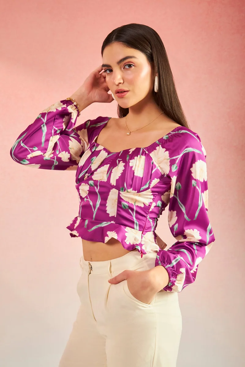 فيرجيو Satin Floral Brunchwear Bustier Flared Hem Tops for Women