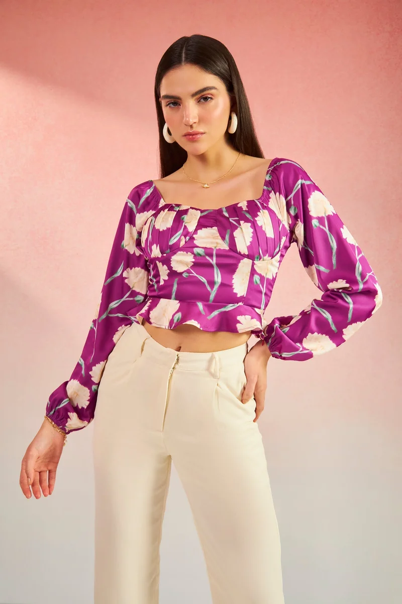 فيرجيو Satin Floral Brunchwear Bustier Flared Hem Tops for Women