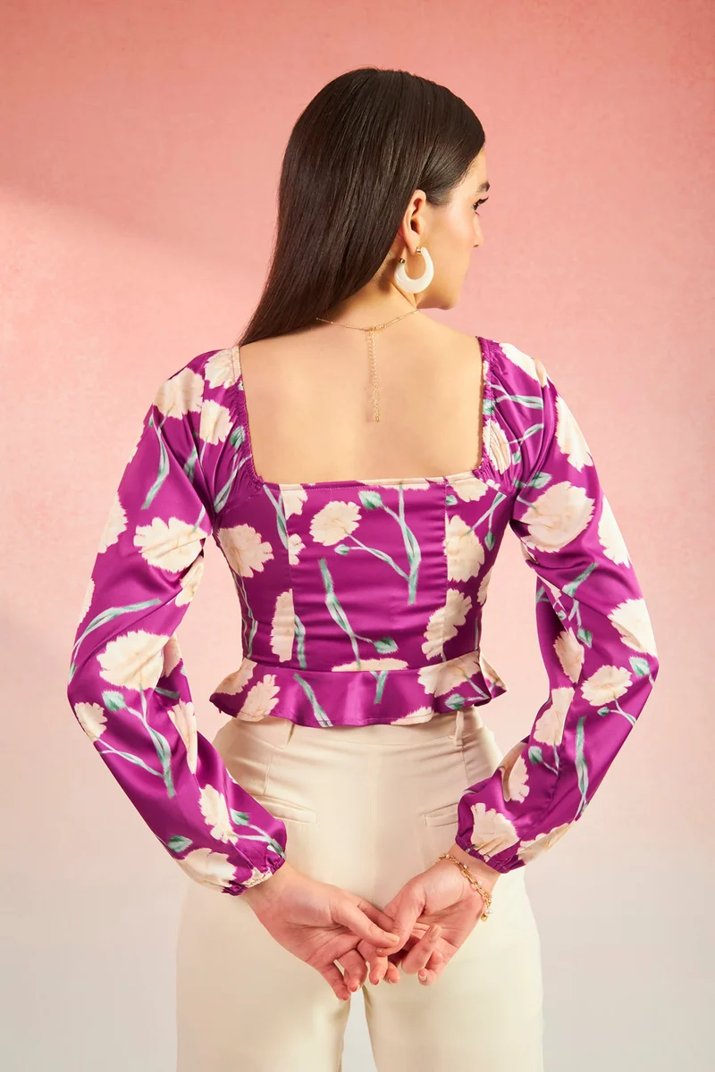 فيرجيو Satin Floral Brunchwear Bustier Flared Hem Tops for Women