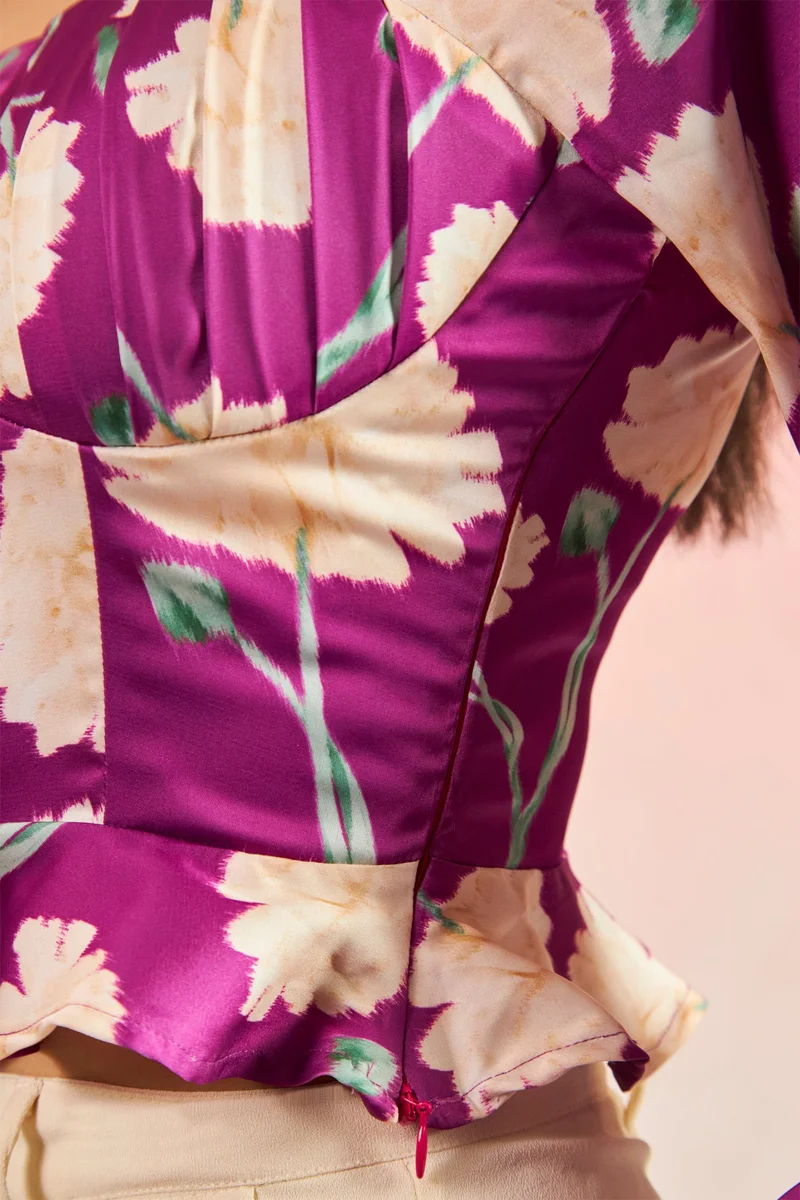 فيرجيو Satin Floral Brunchwear Bustier Flared Hem Tops for Women