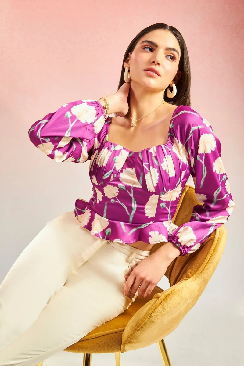 Virgio Satin Floral Brunchwear Bustier Flared Hem Tops for Women