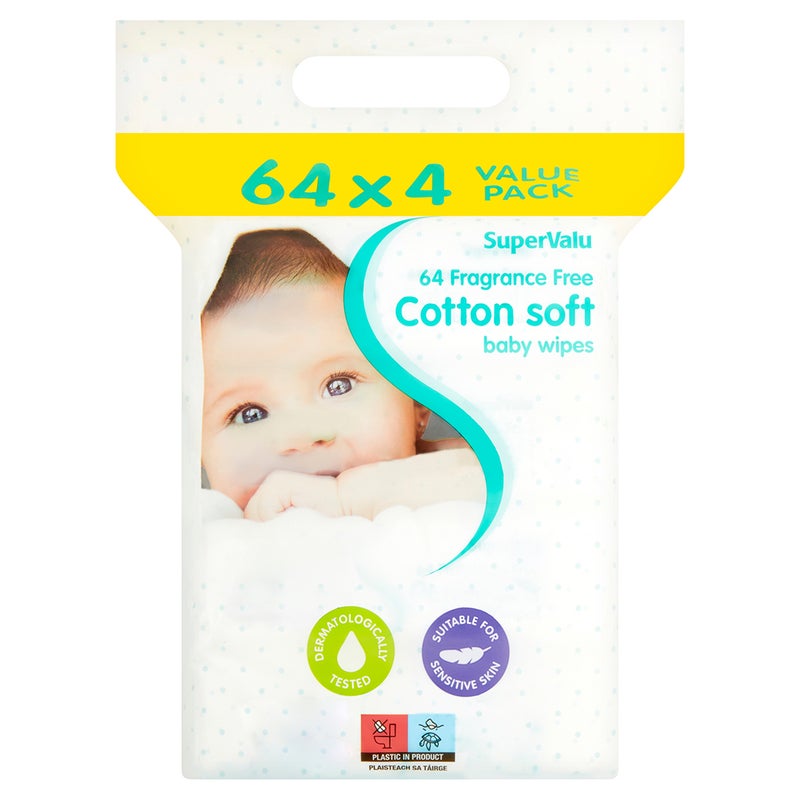 Supervalu Baby Wipes, Fragrance Free - 4x64pcs, Turkey - Image 2