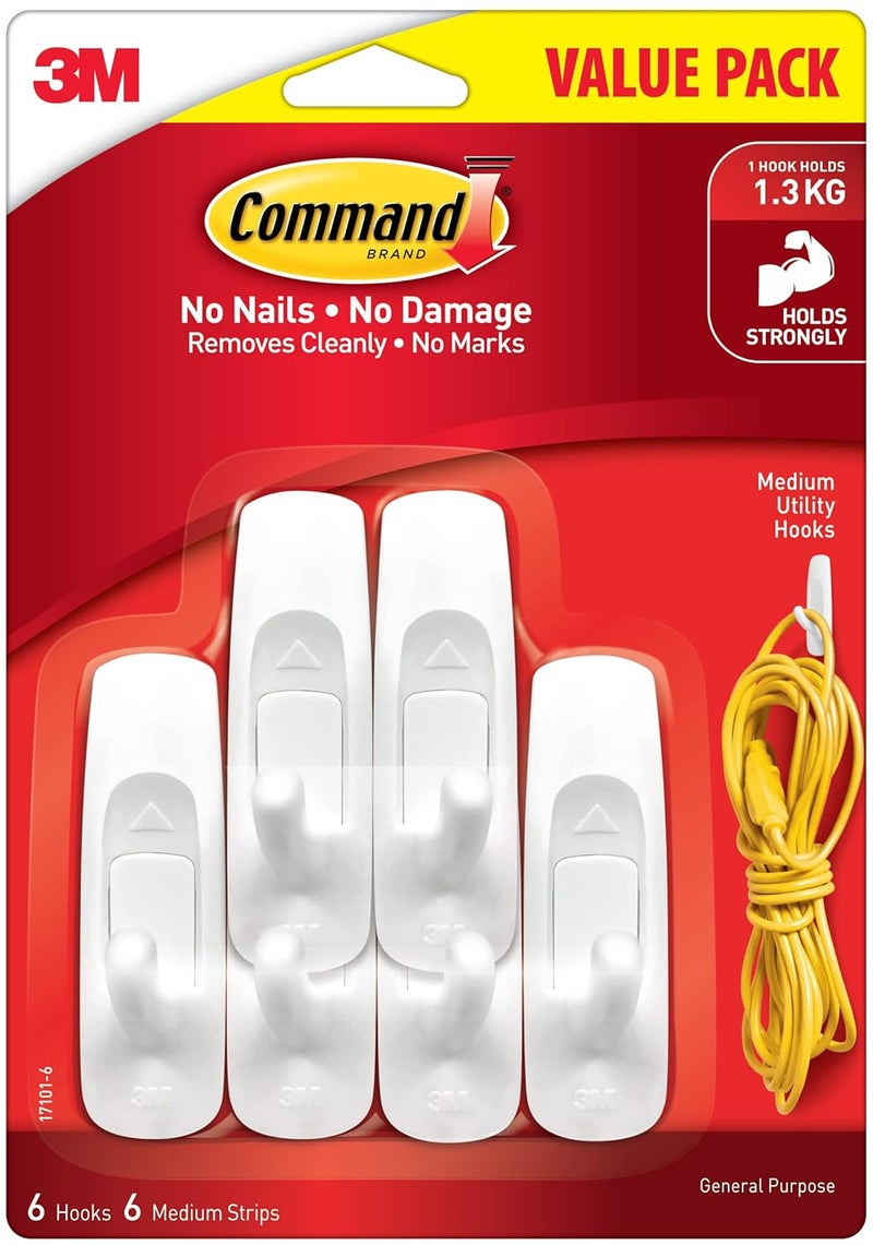 Command 3M, Value Pack 6 Hooks, Holds Upto 1.3Kg, Removable, Comes Off with No Paint Damage, Medium Utility Wall Hooks, Heavy Duty - Plastic, White - Image 1