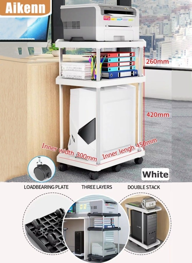 Aikenn 3 Tiers Movable Host Rack Mobile Pc Tower Stand Multi-layer Computer Host Bracket Universal Wheel Trailer Rack Computer Case Rack Suitable Home and Office(White)  - Image 1