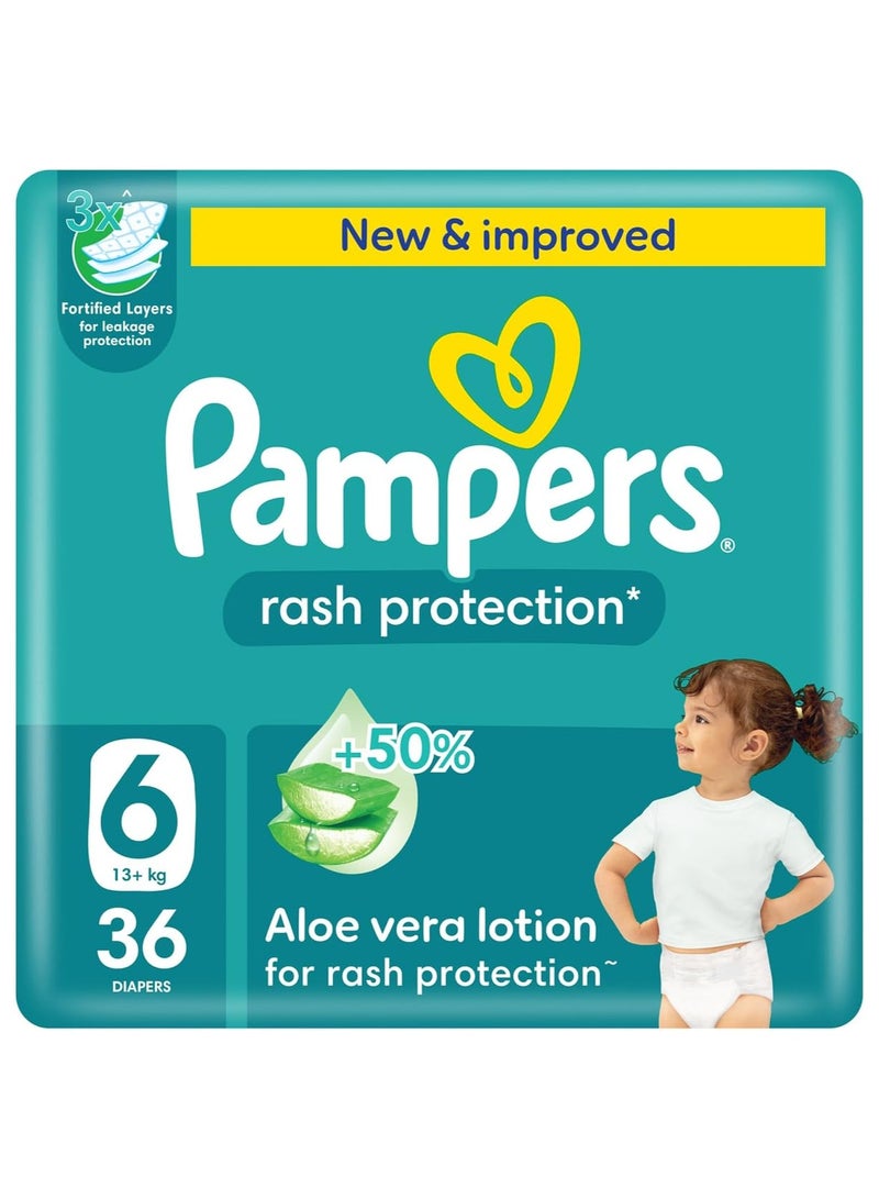 Pampers Rash Protection Taped Diapers, Size 6, 13+kg, +50% Aloe Vera Lotion for Rash Protection, 3x Fortified Layers for Leakage Protection, Mega Pack, 36 Count
