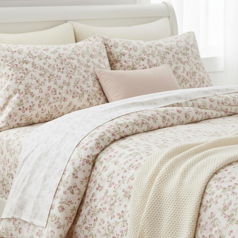 DaDa Bedding Romantic Coquette Sheet Set - 100% Cotton Floral Fitted & Flat Sheets with Pillowcases - Deep Pocket Design - Soft, Breathable, Wrinkle-Resistant (Queen (U.S. Standard)) - Image 1