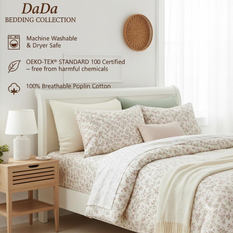 DaDa Bedding Romantic Coquette Sheet Set - 100% Cotton Floral Fitted & Flat Sheets with Pillowcases - Deep Pocket Design - Soft, Breathable, Wrinkle-Resistant (Queen (U.S. Standard)) - Image 4