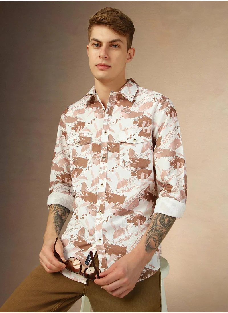 Dennis Lingo Men's Brown 100% Cotton Printed Relaxed Fit Shirt