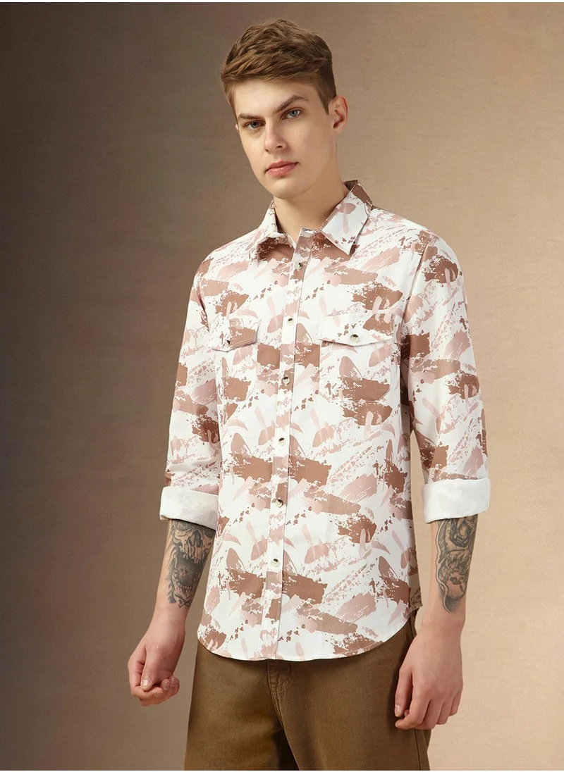 Dennis Lingo Men's Brown 100% Cotton Printed Relaxed Fit Shirt