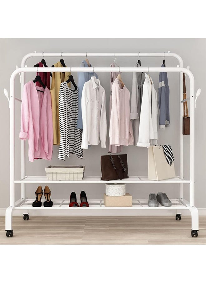 JCB CHIC Clothes Garment Rack, Heavy Duty Clothes Drying Rack with Wheels & Shoe Shelves, Functional Clothes Stand Double-Raill Clothing Hanger with 4 Branch Hooks for Bedroom Indoor - Image 1