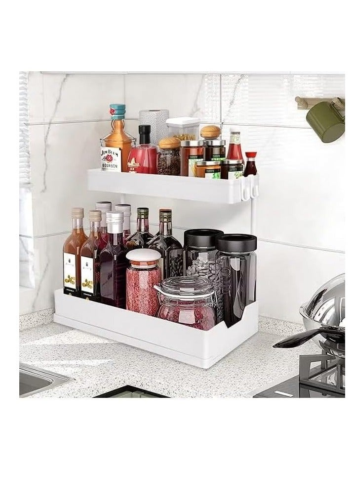 MIXDE Under Sink Organizer and Storage, 2 Tier Heavy Duty Sliding Under Sink Shelf, L Shaped Pull Out Cabinet Basket Organizer, Multi-Purpose Slide Out Organizer Rack for Bathroom, Kitchen (White)  - Image 1