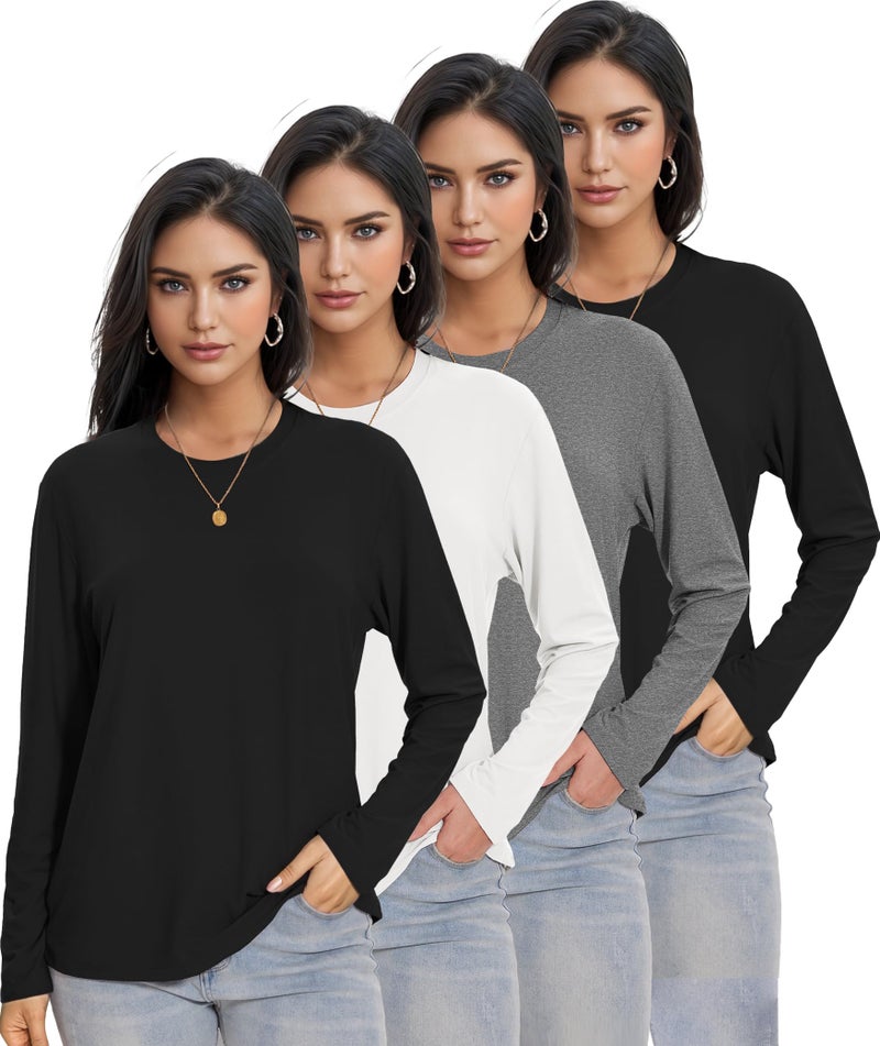 Kinglaman 4 Pack Womens Long Sleeve Shirts Tops Loose Fit Basic Crew Neck Tee T Shirts Ultra Soft Blouses Tops 2 Black 1 Heather Grey 1 White Small - Image 1