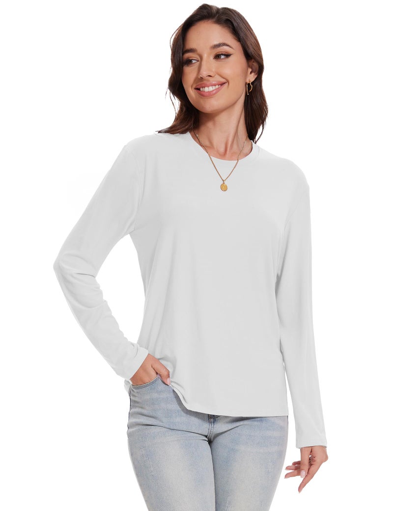 Kinglaman 4 Pack Womens Long Sleeve Shirts Tops Loose Fit Basic Crew Neck Tee T Shirts Ultra Soft Blouses Tops 2 Black 1 Heather Grey 1 White Small - Image 2