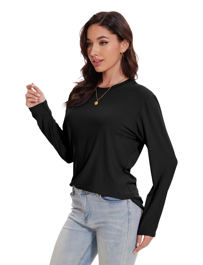 Kinglaman 4 Pack Womens Long Sleeve Shirts Tops Loose Fit Basic Crew Neck Tee T Shirts Ultra Soft Blouses Tops 2 Black 1 Heather Grey 1 White Small - Image 3