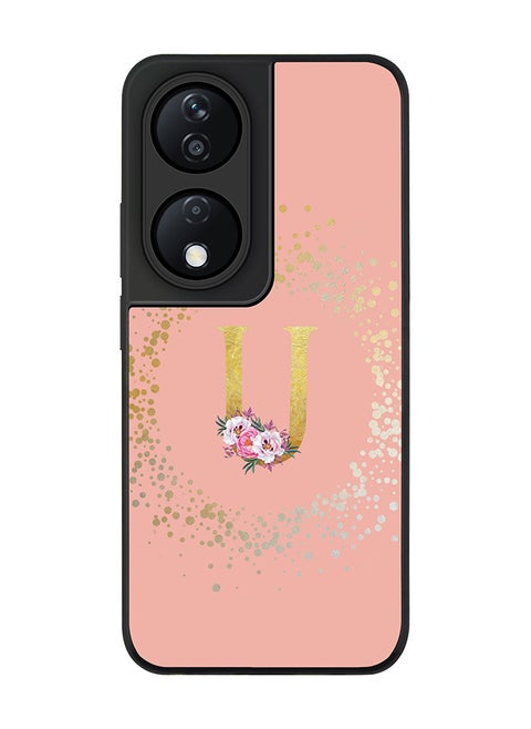 Rugged Black Edge Case for Honor X7b, Slim fit Case Thin Cover -  Custom Monogram Initial Letter Floral Pattern Alphabet - U  (Rose Pink )
