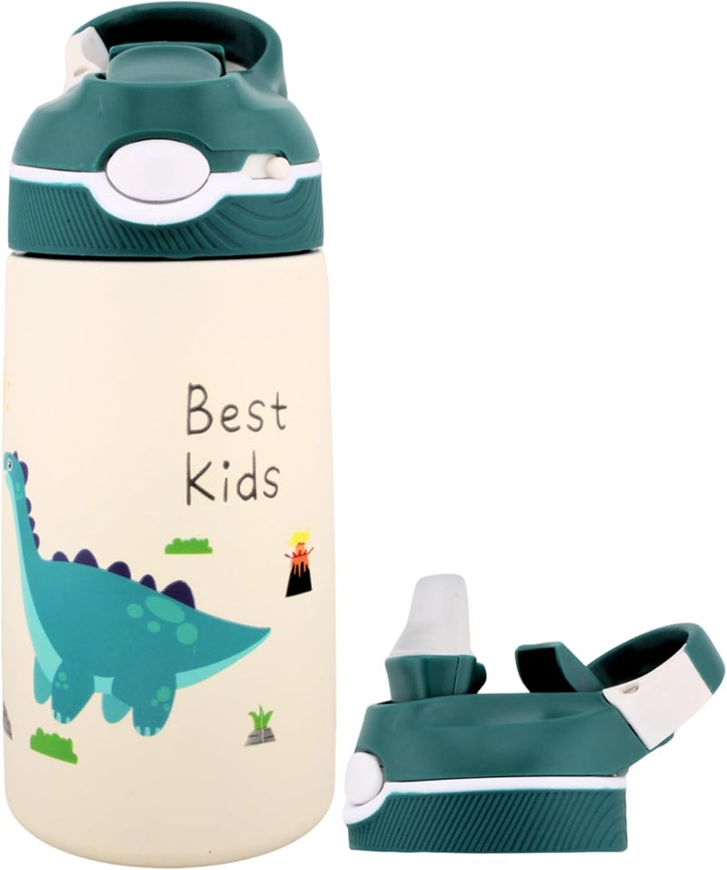 BrainGiggles Stainless Steel Kids Water Bottle with Straw & Handle- Leakproof BPA Free Flask for Baby - 400 ml Dinosaur Water Bottle for Kids and Toddlers- Kids Water Bottle for School(Green) - Image 1