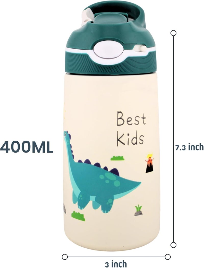 BrainGiggles Stainless Steel Kids Water Bottle with Straw & Handle- Leakproof BPA Free Flask for Baby - 400 ml Dinosaur Water Bottle for Kids and Toddlers- Kids Water Bottle for School(Green) - Image 4